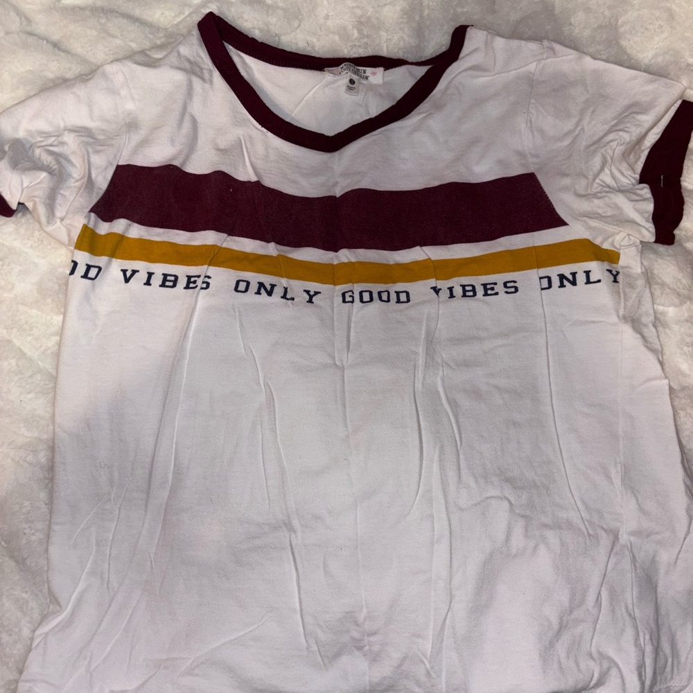 White T-Shirt with Maroon and Yellow Stripes